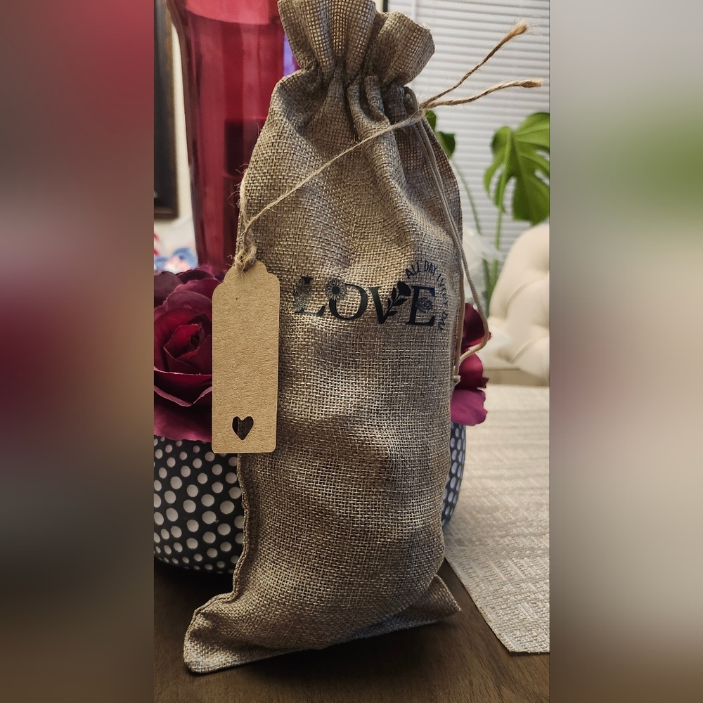 Hand Crafted Burlap Love Gift Bag with Gift Tag